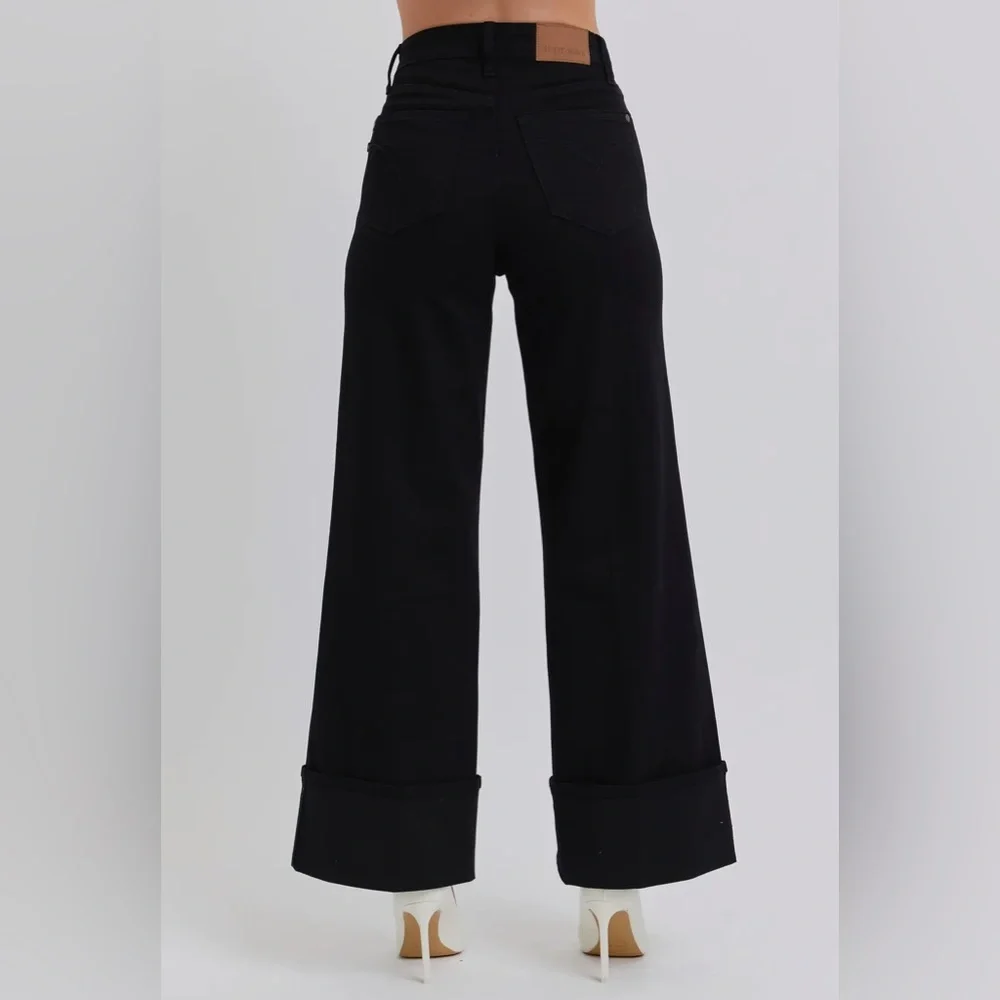 Judy Blue High Waisted Retro Wide Cuffed Leg Black Jeans NWT - Picture 6 of 8